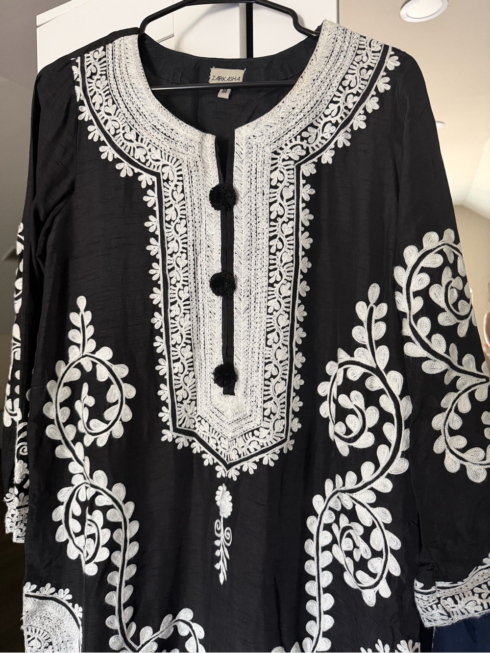 Black Embroidered 3 piece Silk suit with White Floral Detail